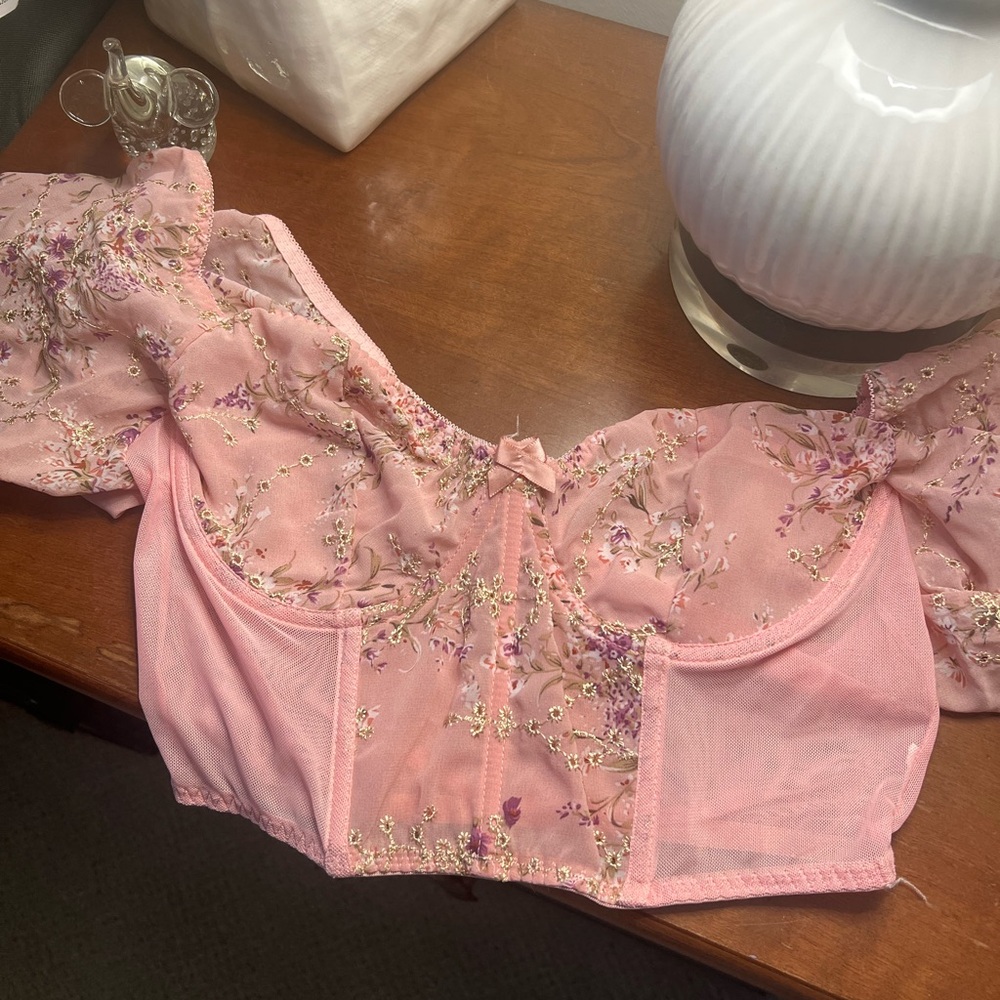 Floral Embroidered Sheer Pink Top